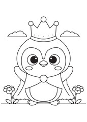 Coloring book penguin wearing a crown and cape, looking majestic among sweet flowers