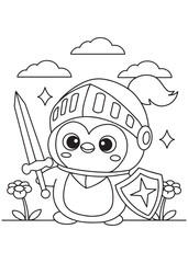 Coloring book penguin dressed as a knight in shining armor, holding a sword and shield