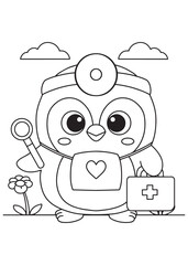 Coloring book penguin dressed as a doctor with a head mirror and medical bag, ready to help