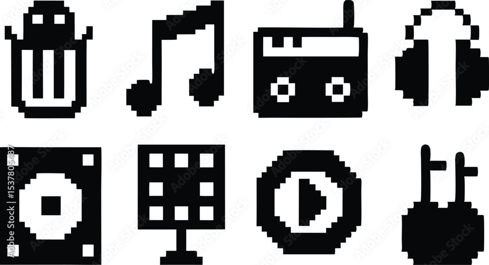 Poster pixel art music icon grid set featuring various musical instruments isolated on transparent backgrou