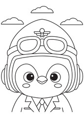 Coloring book penguin wearing a pilot's helmet and uniform, ready for adventure
