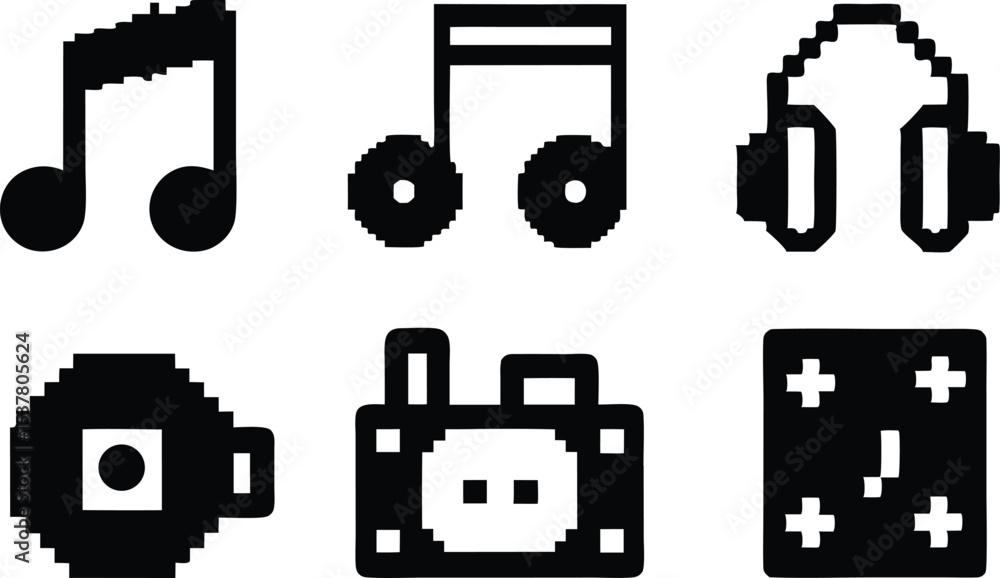 Poster pixel art music icon grid set featuring various musical instruments isolated on transparent backgrou