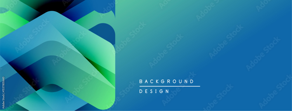 Poster Abstract geometric shapes blend blues, greens. Gradient effect creates modern background design. Simple text labels elements.
