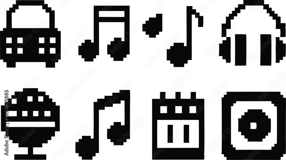 Poster pixel art music icon grid set featuring various musical instruments isolated on transparent backgrou