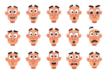 Collection of Cartoon Male Faces with Diverse Emotions