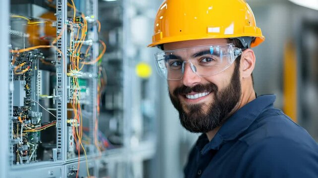 Engineer man wearing safety helmet and safety glasses inspects electrical panel and wiring, demonstrating industrial technology and maintenance expertise, adjusting wires and network cables with