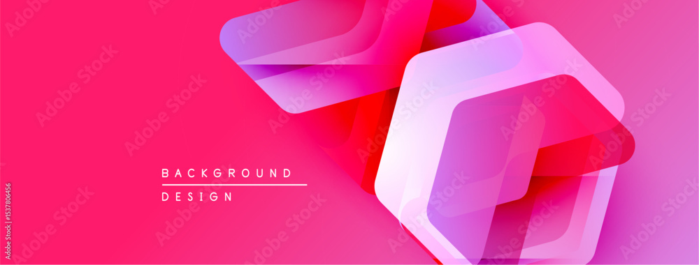 Poster Abstract geometric shapes overlap vibrant pink background. Modern design elements create dynamic visual effect. Minimalist style.