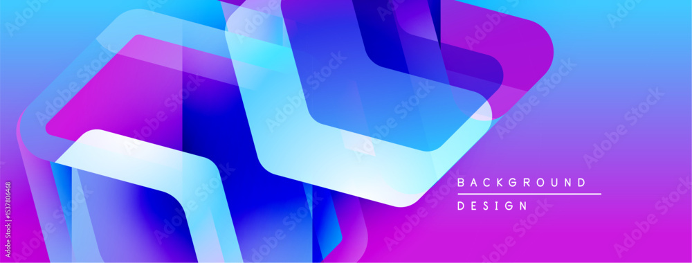 Poster abstract geometric shapes overlap, creating vibrant blue, purple gradients. modern design suggests d