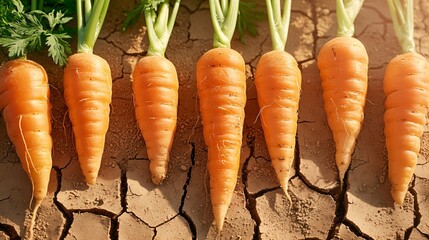 carrots laid in diagonal pattern on cracked earth for visual symmetry, leaves pointing outward, bright clear sky above and dry textures beneath, rural editorial feel