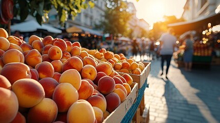 high contrast shot of fresh peaches under sunlight flare, focused foreground with soft dreamy glow, outdoor fruit stand ambiance