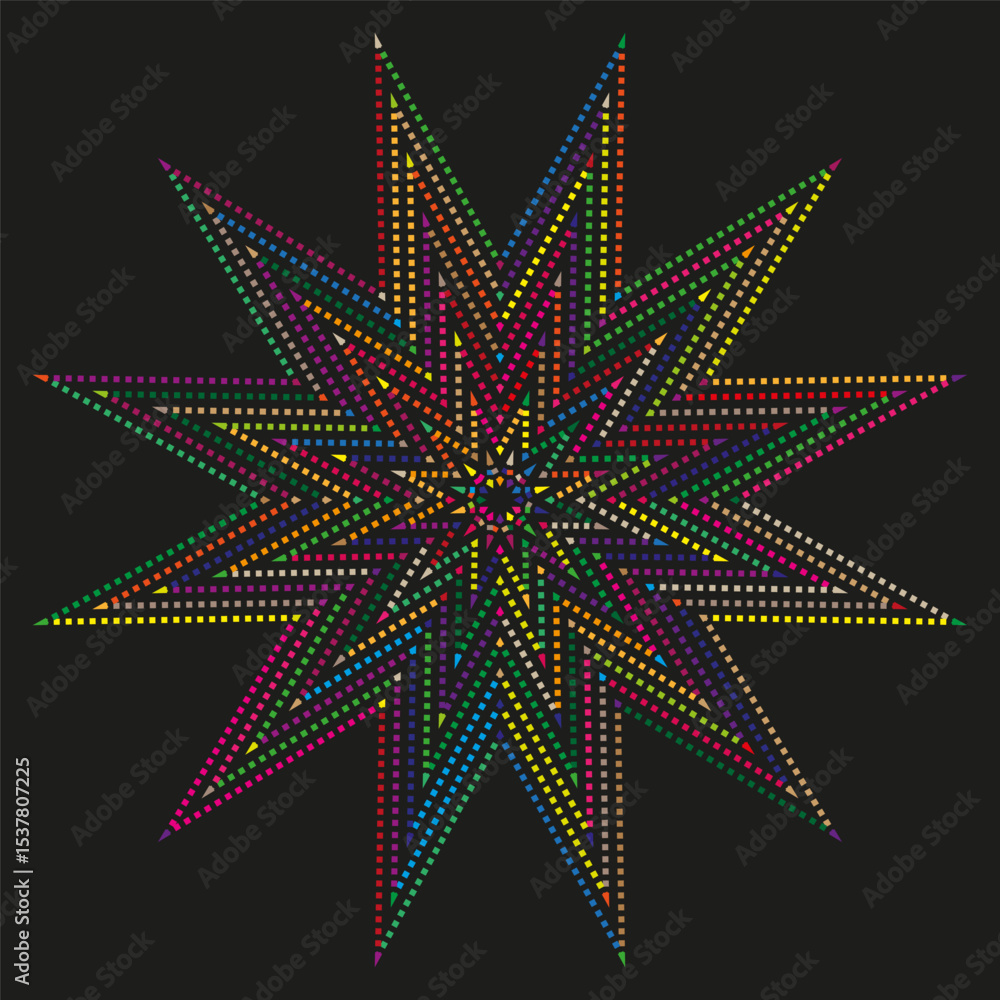 Poster rainbow starburst shape. dotted square texture. black background pattern. vector radiant figure.