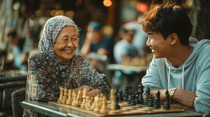 Man and an old woman are playing chess