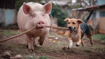Pig and a dog are playing with a rope