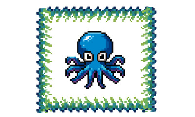 Cute Pixel Art Octopus with Seaweed Border, A charming pixel art illustration of a bright blue octopus with large eyes and eight tentacles, surrounded by a vibrant green and blue pixelated border