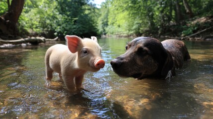 Pig and a dog are playing in a river