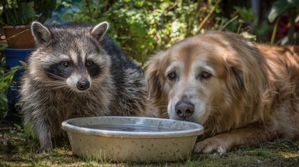 Raccoon and a dog are drinking water from a bowl
