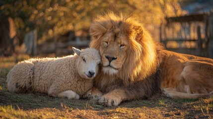 Lion and a sheep are laying on the ground, with the lion looking at the sheep