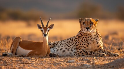 Cheetah and a gazelle are laying on the ground in a savanna