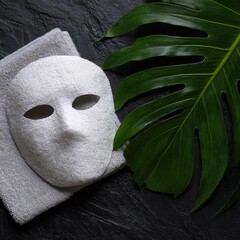 White mask on dark stone with leaf