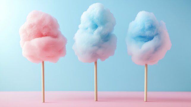 Floating sugar cloud treats, delicate cotton candy array, wooden stick holders, soft focus effect, pastel pink and blue hues, clean product photography, vector illustration style, minimalist design