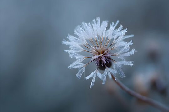 Frozen dandelion seed head close-up.