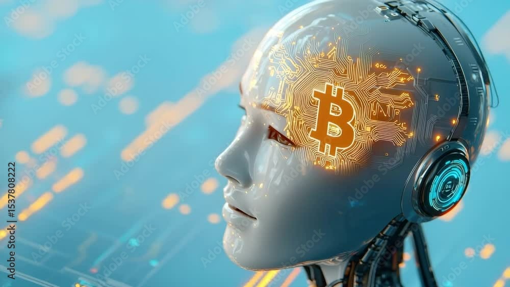 Aufkleber futuristic robot head with glowing bitcoin symbol, digital circuit pattern, artificial intelligence,