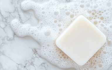 White organic soap bar resting on bubbly marble surface