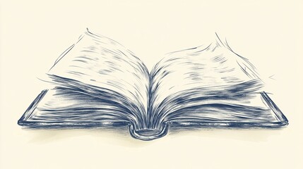 Open book illustration, a sketch-like depiction of an open book with pages fanned out, set against a light beige background