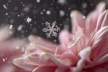 Fototapeta premium Delicate snowflakes dance around a vibrant pink flower.
