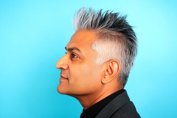 Fototapeta premium A trendy man showcasing a fashionable hairstyle. Elegant men's spiky hair haircut - midlife indian man with short hair. Blue solid background. Conceptual art of style for aging men.