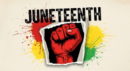 A vibrant graphic celebrating Juneteenth with a raised fist and colorful paint splatters.
