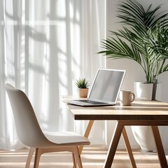 Fototapeta premium Minimalist Scandinavian home office with laptop on wooden desk, coffee mug, indoor plant, cozy chair and white walls, bathed in soft natural daylight, remote work concept with shallow depth of field