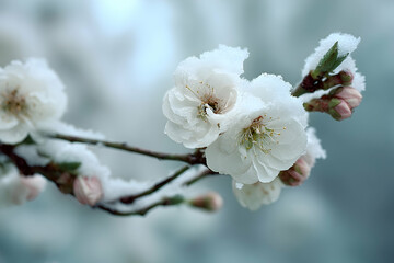 Obraz premium Delicate white blossoms covered in a light dusting of snow.