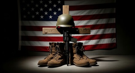Military tribute with American flag, helmet, rifle, and boots on a wooden cross, symbolizing remembrance.