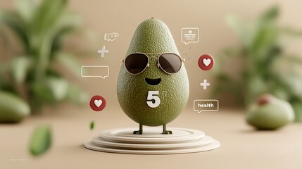 Stylized avocado with sunglasses posing under a spotlight on a podium, surrounded by floating icons and likes, capturing fun in modern health marketing.