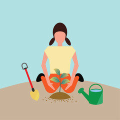 Vector illustration of a woman planting a small tree, symbolizing environmental care and sustainability. Surrounded by a shovel and watering can, it promotes eco-awareness and green living concepts.