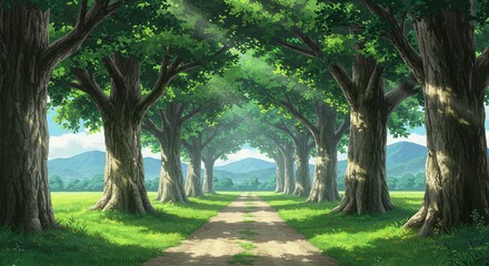 Obraz premium Tranquil Anime Style Woodland Road Lined with Ancient Trees