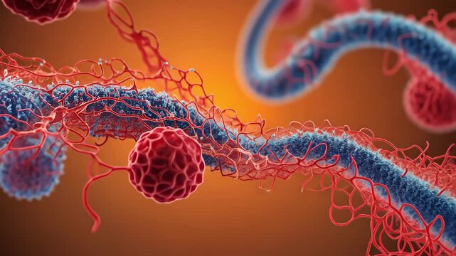Illustration of cancerous cells and their inner workings.