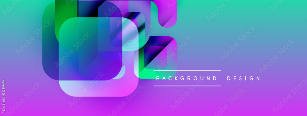 Poster Abstract gradient background. Overlapping squares create dynamic visual effect. Purple, blue, green hues dominate composition. Modern design element.