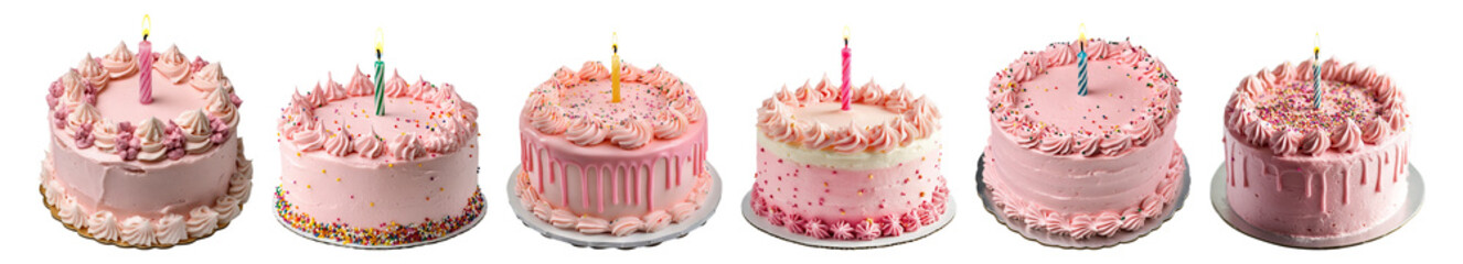 Variety of Pink Birthday Cakes with Colorful Candles and Decorations Isolated Transparent Background