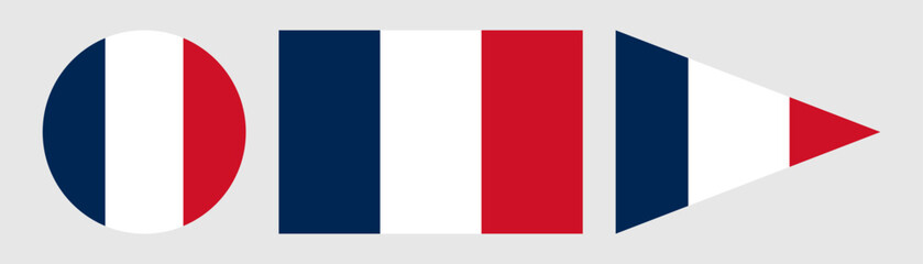 French flag set in various shapes including circle, rectangle, and triangle pennant. Tricolor blue, white, red patriotic design for France national symbol, travel, celebration