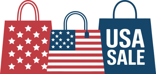 Fototapeta premium Usa independence day sale shopping bags patriotic american flag retail discount offer promotion holiday event 4th july editable stock vector illustration