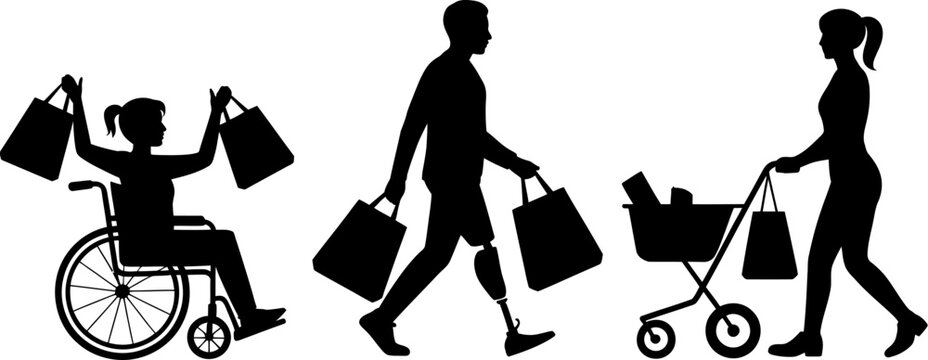 Shopping accessibility vector illustration diverse shoppers inclusivity retail therapy silhouette design 100 editable stock vector illustration