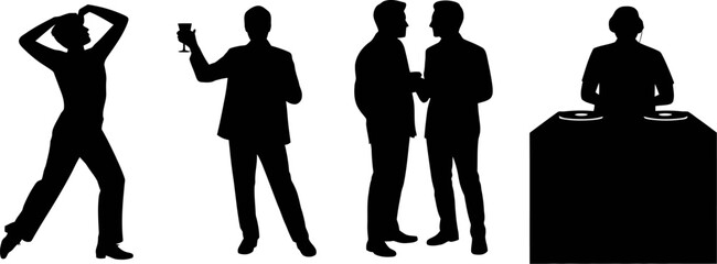 Silhouette party scene with dj, dancing, talking, and drinking for event promotion and design projects editable stock vector illustration