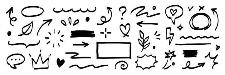 Hand marker line icon brush element set. Hand drawn marker sketch style underline, arrow, heart shape. Doodle crown, heart, pointer and symbol element for business infographic. Vector illustration