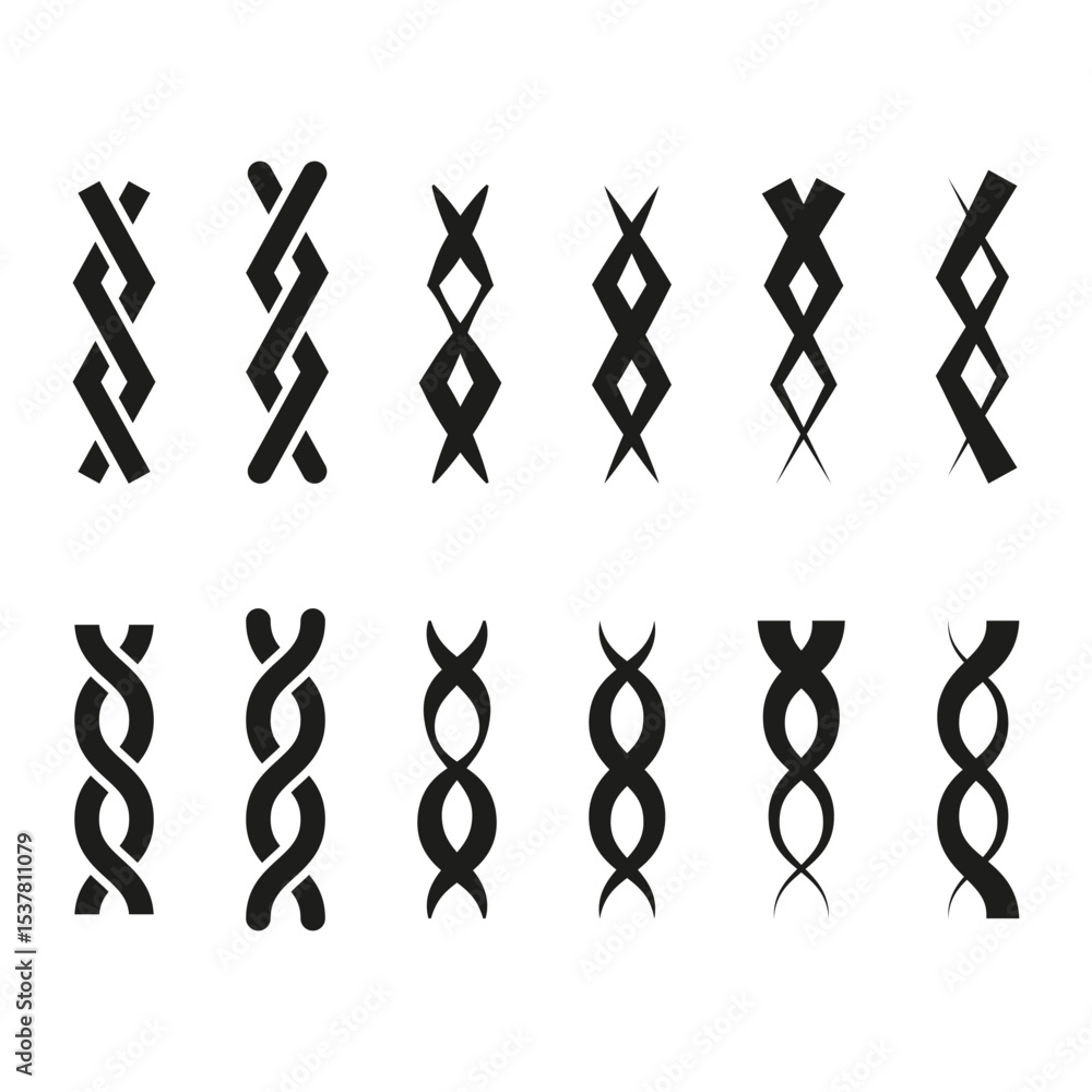 Poster vertical spiral icons. abstract twisted lines. symmetric curve elements. vector black shape.