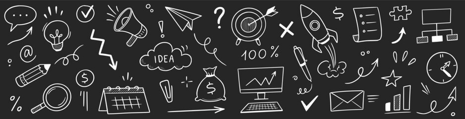Chalk business board sketch icon set. Hand drawn chalkboard frame, bulb, puzzle and arrow for plan marketing idea. Business chart, pencil drawing, office success and internet. Vector illustration