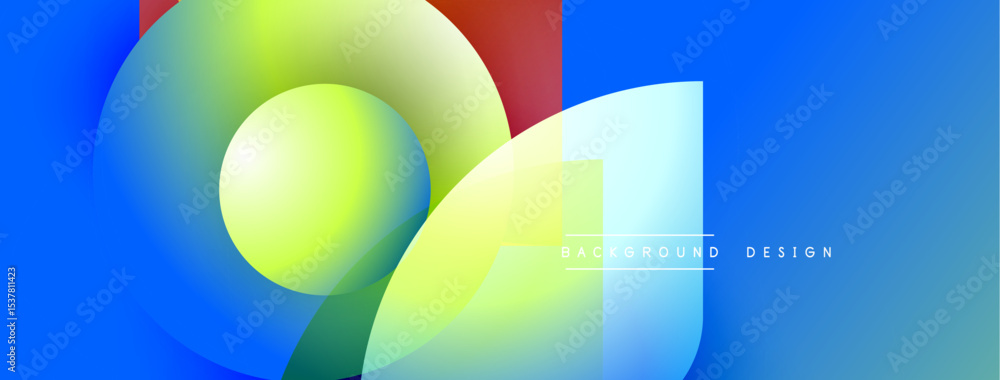 Poster Abstract vibrant design features overlapping colorful circles, gradients. Blue dominates background with text elements present. Modern aesthetic.