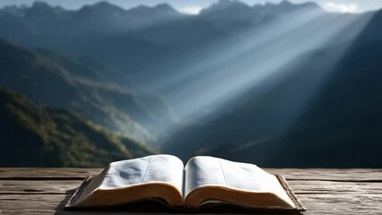 Open Bible on Rustic Wooden Table with Mountain Backdrop and Divine Light Rays for Inspiration