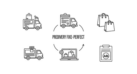 Illustration showing delivery process: trucks, shopping bags, laptop, and clipboard, all connected in a cycle.